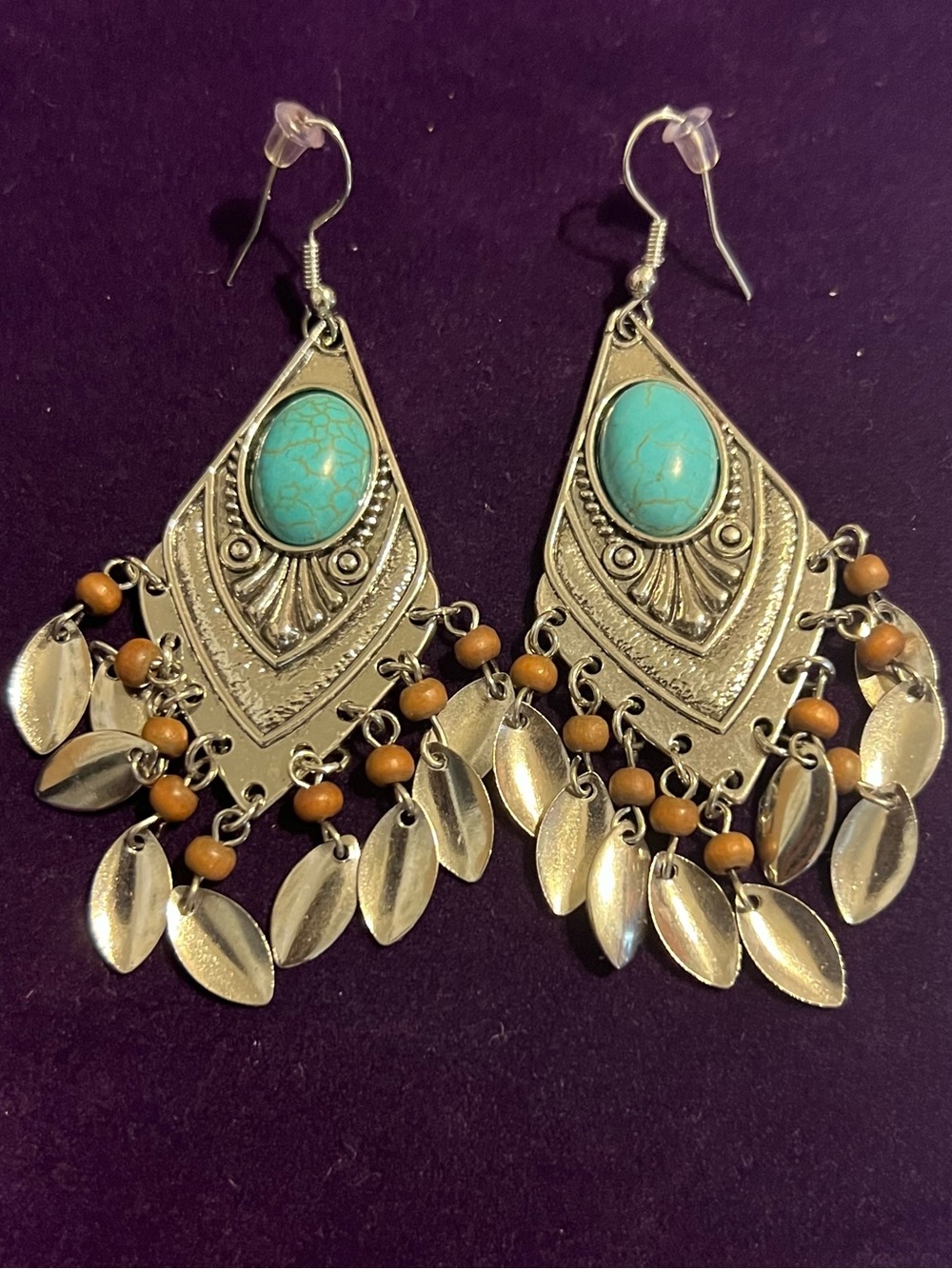 Turquoise Stone Silver-Tone Boho Chandelier Earrings